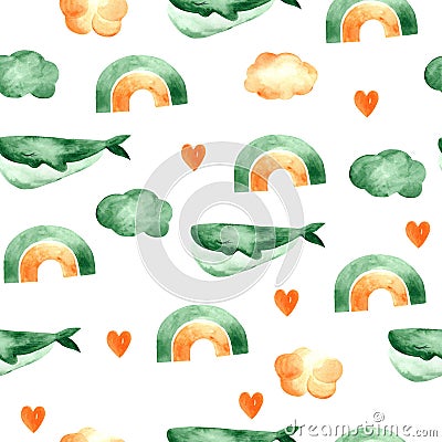 A seamless watercolor pattern with whales, clouds, rainbows, and hearts. Cartoon Illustration