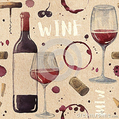 seamless watercolor pattern with wine glasses, bottle, corkscrew, wine cork, collaged vintage style Stock Photo