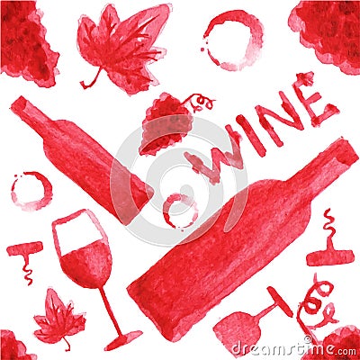 Seamless watercolor pattern with wine stuff on the Vector Illustration