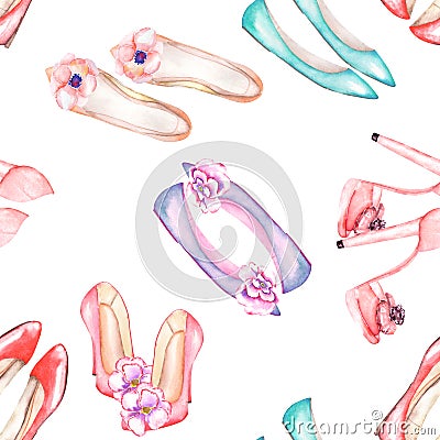 A seamless watercolor pattern with the women's summer shoes with the flowers. Stock Photo