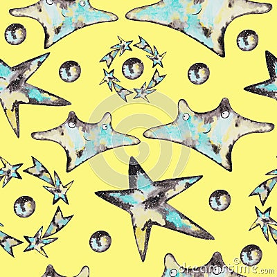 Seamless watercolor pattern on yellow. Cartoon character, comets, planets, space stars, galaxy. Stock Photo