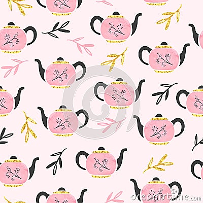 Seamless watercolor pink teapot pattern. Vector tea background Vector Illustration