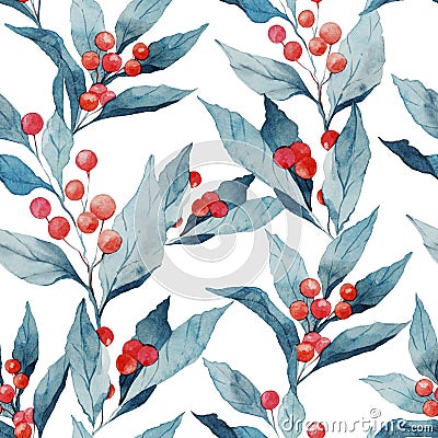 Seamless watercolor realistic pattern with holly leaves and berries. Cartoon Illustration