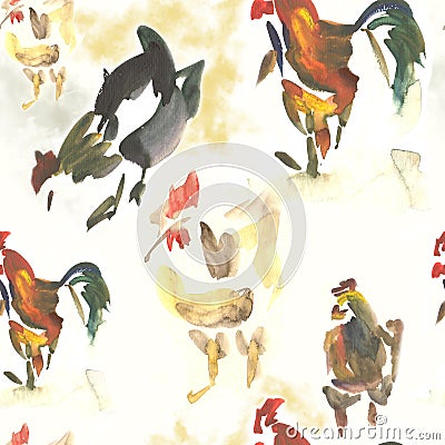 Seamless Watercolor Rooster Stock Photo