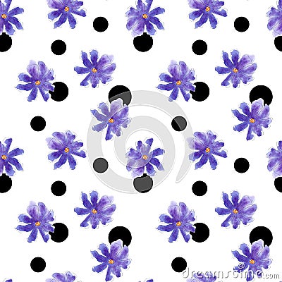 Seamless watercolor simple floral pattern on polka-dot background Stock Photo