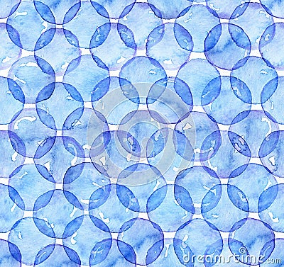 Seamless watercolor texture, based on blue hand drawn imperfect circles in a geometric repeating design. Square pattern, good for Stock Photo