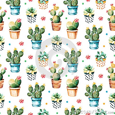 Seamless watercolor texture with cactus plant and succulent plant in pot Stock Photo