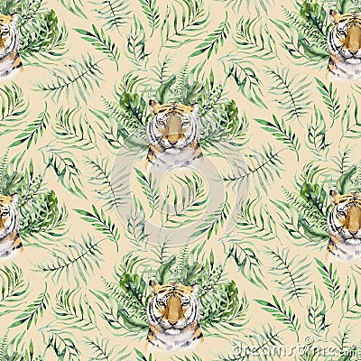 Seamless watercolor animal tiger pattern with tigers with tropical leaves, aloha jungle hawaiian. Hand painted palm leaf Stock Photo
