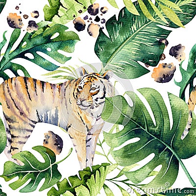 Seamless watercolor animal tiger pattern with tigers with tropical leaves, aloha jungle hawaiian. Hand painted palm leaf Stock Photo