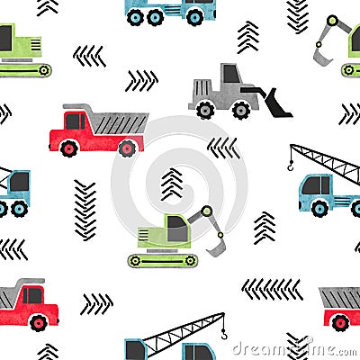 Seamless watercolor transport pattern with construction trucks Vector Illustration