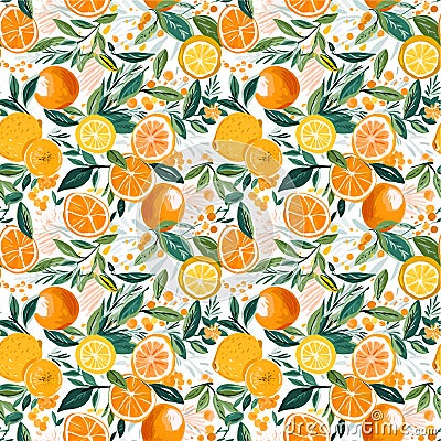 Seamless Watercolor of Trendy and colourful of Summer fruits Orange and leaves brushed strokes style, Design for fashion, Fabric Stock Photo