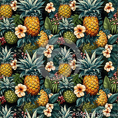 Seamless Watercolor of Trendy and colourful of Summer fruits pineapple and leaves brushed strokes style, Stock Photo