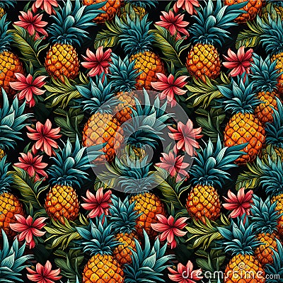 Seamless Watercolor of Trendy and colourful of Summer fruits pineapple and leaves brushed strokes style, Stock Photo