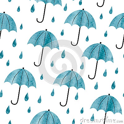 Seamless watercolor umbrellas and rain drops pattern Vector Illustration