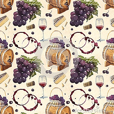 A seamless watercolor wine pattern with drawings of wine glasses, bottle, barrel, grapes and vine leaves Stock Photo