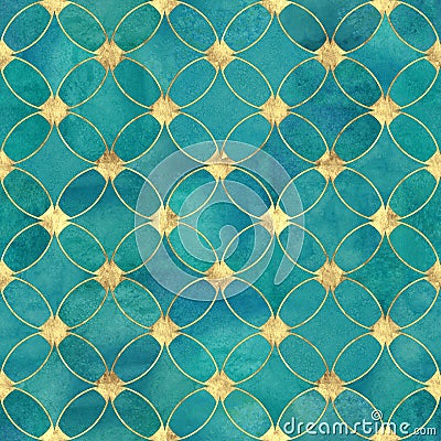 Seamless watercolour teal turquoise gold glitter abstract texture Stock Photo