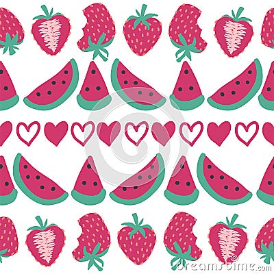 Seamless watermelon and strawberry pattern. Strawberries seamless hand drawn pattern Vector Illustration
