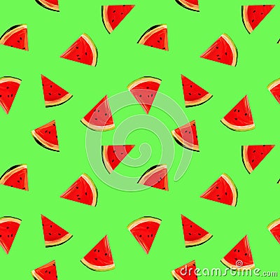 Seamless watermelons pattern. background with gouache watermelon slices on light green background. Fresh fruits seasonal Stock Photo