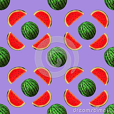 Seamless watermelons pattern. background with gouache watermelon slices on purple background. Fresh fruits seasonal background Stock Photo