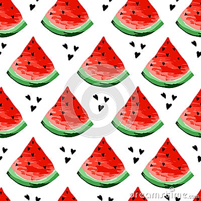 Seamless watermelons pattern. Slices of watermelon, berry background. Painted fruit, graphic art, cartoon. Cartoon Illustration