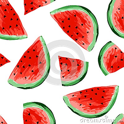 Seamless watermelons pattern. Slices of watermelon, berry background. Painted fruit, graphic art, cartoon. Cartoon Illustration