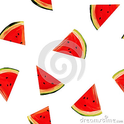 Seamless watermelons pattern on a white background. background with gouache watermelon slices. Fresh fruits seasonal background Stock Photo