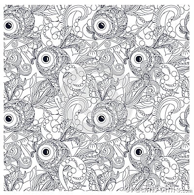 Seamless waves and fish ornamental monochrome pattern Vector Illustration