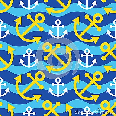 Seamless waves illustration - white, yellow anchor Vector Illustration