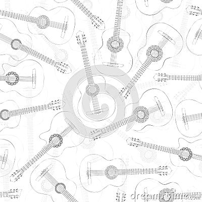 Seamless western, jazz, flamenco, acoustic guita, background (drawn in ink). Vector Illustration