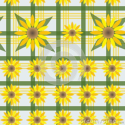 Seamless white background in green cage with yellow sunflowers Vector Illustration