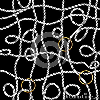 Seamless White Marine Ropes Pattern with Golden Rings on Black background. Stock Photo