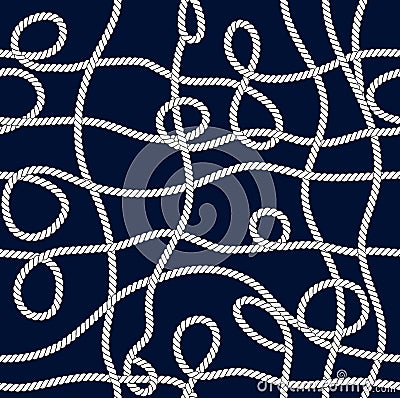 Seamless White Marine Ropes Pattern with Golden Rings on Dark Blue background. Stock Photo