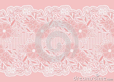 Seamless wide lace ribbon. White delicate flowers on a pink background. Vector Illustration