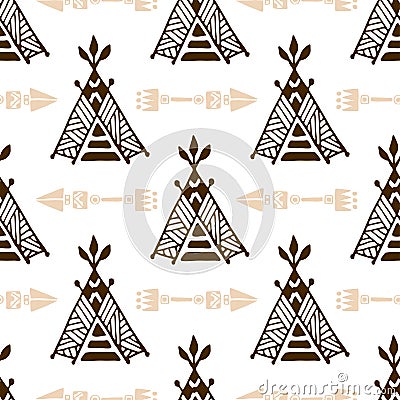 Seamless wigwam pattern with arrows. Hand-drawn indian background vector. Native american tent pattern. Vector Illustration