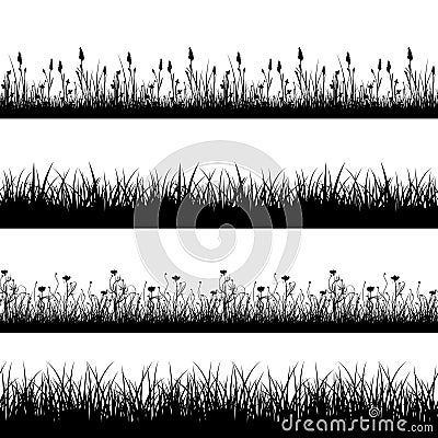 Seamless wild herbs, flowers and grass silhouettes vector set