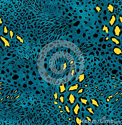 Seamless wild skin pattern. Mix of Tiger skin, jaguar skin. leopard print on dark background. Stock Photo