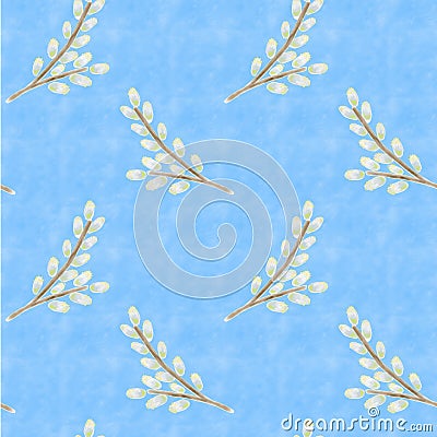 Seamless willow pattern on the blue background, scrapbooking, wall paper, high quality for print, botanical ornament, floral text Stock Photo
