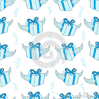 Seamless winged blue gifts Vector Illustration