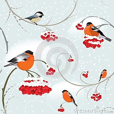 Seamless winter background with bullfinch Vector Illustration