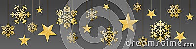 Seamless winter christmas vector with sumptuous hanging gold colored snowflakes and stars on gray background Vector Illustration