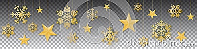 Seamless winter christmas vector with sumptuous hanging gold colored snowflakes and stars on transparent background Vector Illustration