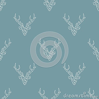 Seamless winter mosaic pattern with white deer head with antlers on blue background. simple faceted Stock Photo