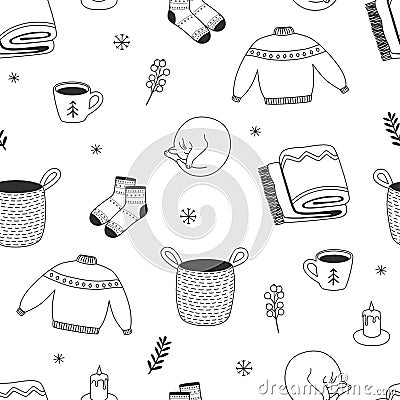 Seamless winter pattern in doodle style, repeating background for seasonal design. Vector Illustration