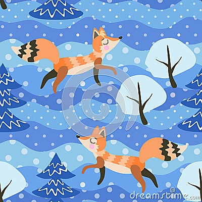 Seamless winter pattern with funny foxes in the forest. Print for fabric, wallpaper, wrapping design Vector Illustration