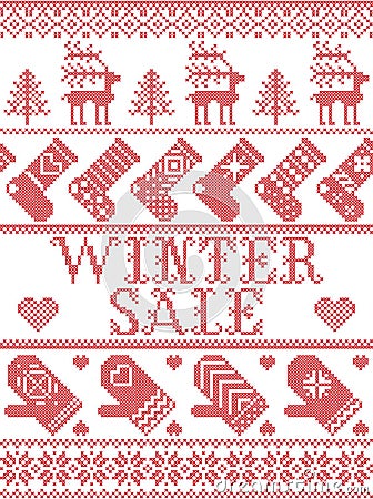 Seamless Winter Sale Scandinavian style, inspired by Norwegian Christmas, festive winter pattern in cross stitch with reindeer Vector Illustration