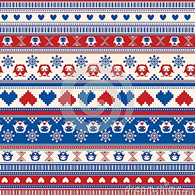 Seamless Winter Sweater pattern with Hearts and Owls. Red-Blue v Vector Illustration