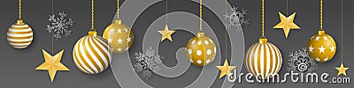 Seamless winter vector with hanging gold colored decorated christmas ornaments, golden stars and snowflakes on gray background Vector Illustration