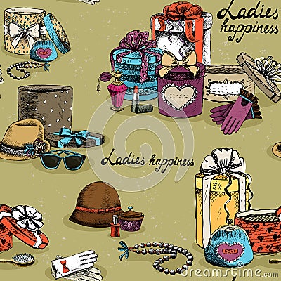 Seamless woman accessory with gift boxes Vector Illustration