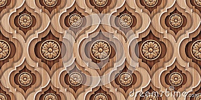 Seamless wooden carving tile with Islam, Arabic, Indian, ottoman motifs. Majolica pottery tile. Stock Photo