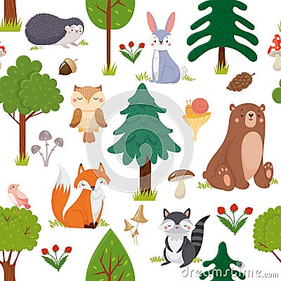 Seamless woodland animals pattern. Summer forest cute wildlife animal and forests floral cartoon vector background Vector Illustration